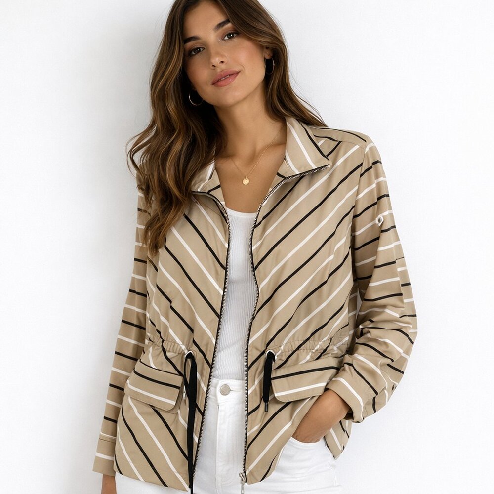 Chico’s Zenergy JACKET Neema Striped Size 2 Tan Black White Stretch Zip Front